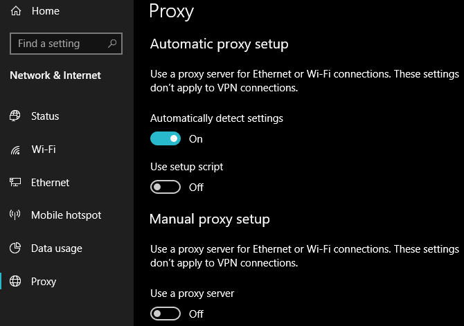 Check the proxy settings in windows
